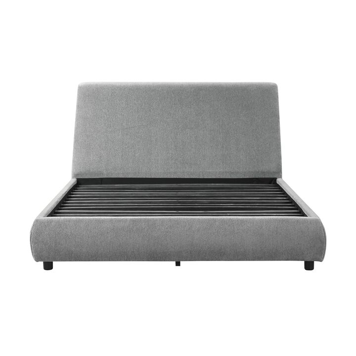 Ford Queen Size Platform Bed, Low Profile, Gray Chenille Fabric Upholstery - Benzara