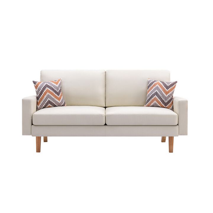 Gala Sofa, Crisp Soft Beige Linen Fabric, 2 Pillows, Brown Solid Wood Frame-Benzara