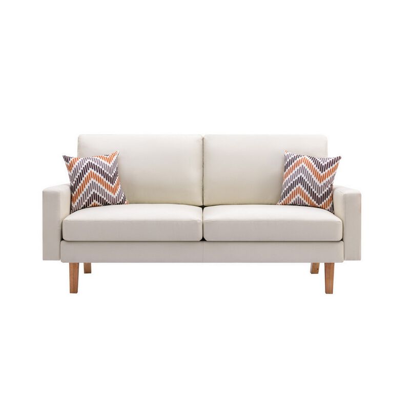 Gala Sofa, Crisp Soft Beige Linen Fabric, 2 Pillows, Brown Solid Wood Frame-Benzara