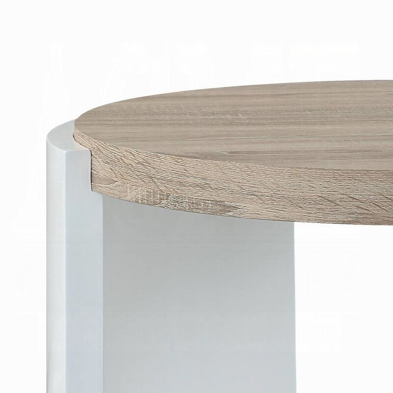 Romani Side End Table, White High Gloss Wood, Brown Top, Oval 26 Inch - Benzara