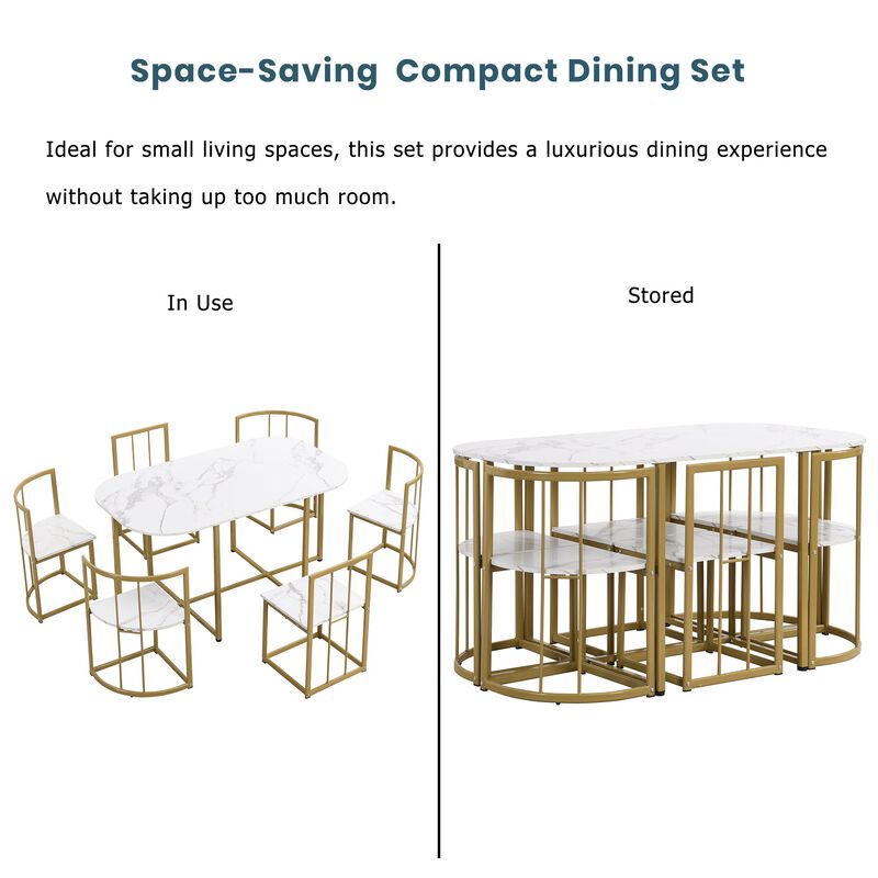MONDAWE Modern Dining Furniture 7-Piece Dining Table Set with Faux Marble Compact 55Inch Kitchen Table Set for 6