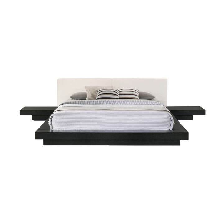 Nia Queen Size Bed, White Faux Leather, Black Low Profile Platform Bed - Benzara