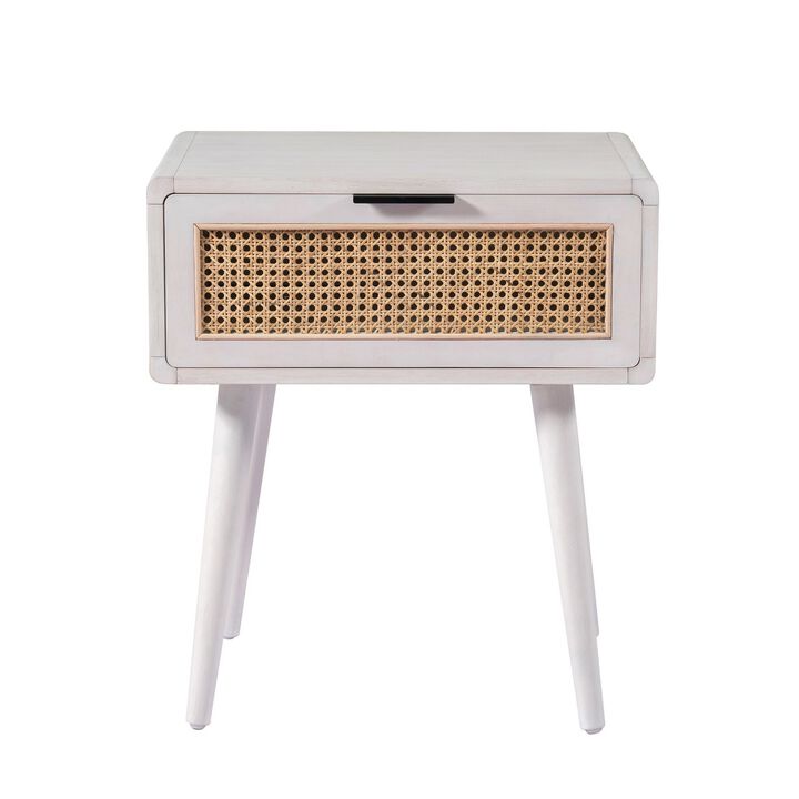 Camy Side End Table, Natural Brown Cane Woven Drawer, White 22 Inch - Benzara