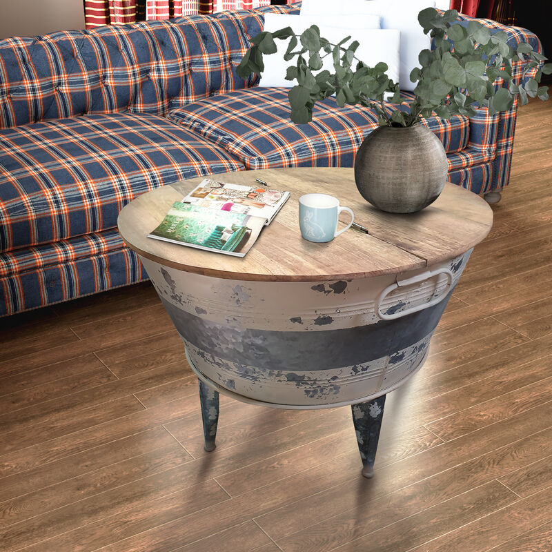 26 inch Accent Round Cocktail Table, Tub Like Iron Base, Brown, Gray, Washed White - Benzara