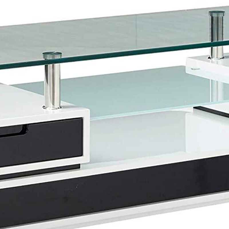63 Inch TV Entertainment Console, Glass Top, Chrome Posts, Black, White - Benzara