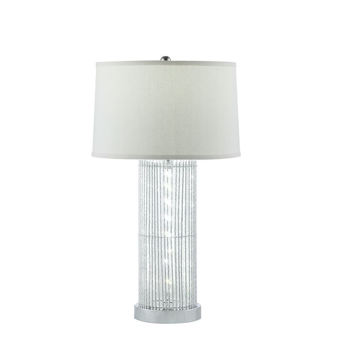 Jin 28 Inch Table Lamp, Gray Drum Fabric Shade, Modern Round Base, Silver-Benzara