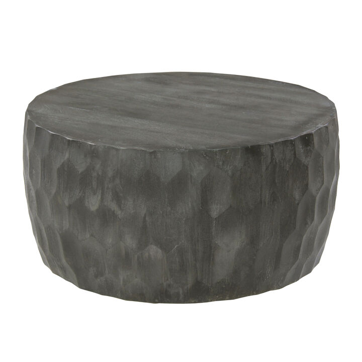 Val 34 Inch Handcrafted Mango Wood Coffee Table, Hammered Round Drum Shape, Honeycomb, Rustic Gray-Benzara