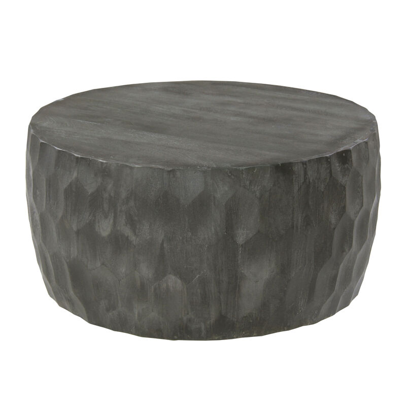 Val 34 Inch Handcrafted Mango Wood Coffee Table, Hammered Round Drum Shape, Honeycomb, Rustic Gray-Benzara