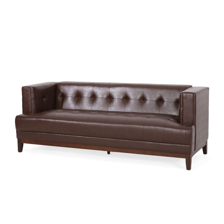 Alio Sofa, 3 Seater, 81 Inch, Tuxedo Arms, Tufted Brown Faux Leather - Benzara