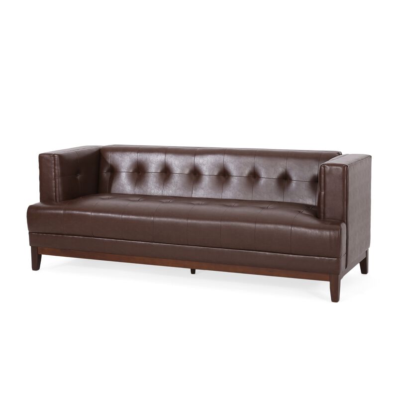 Alio Sofa, 3 Seater, 81 Inch, Tuxedo Arms, Tufted Brown Faux Leather - Benzara