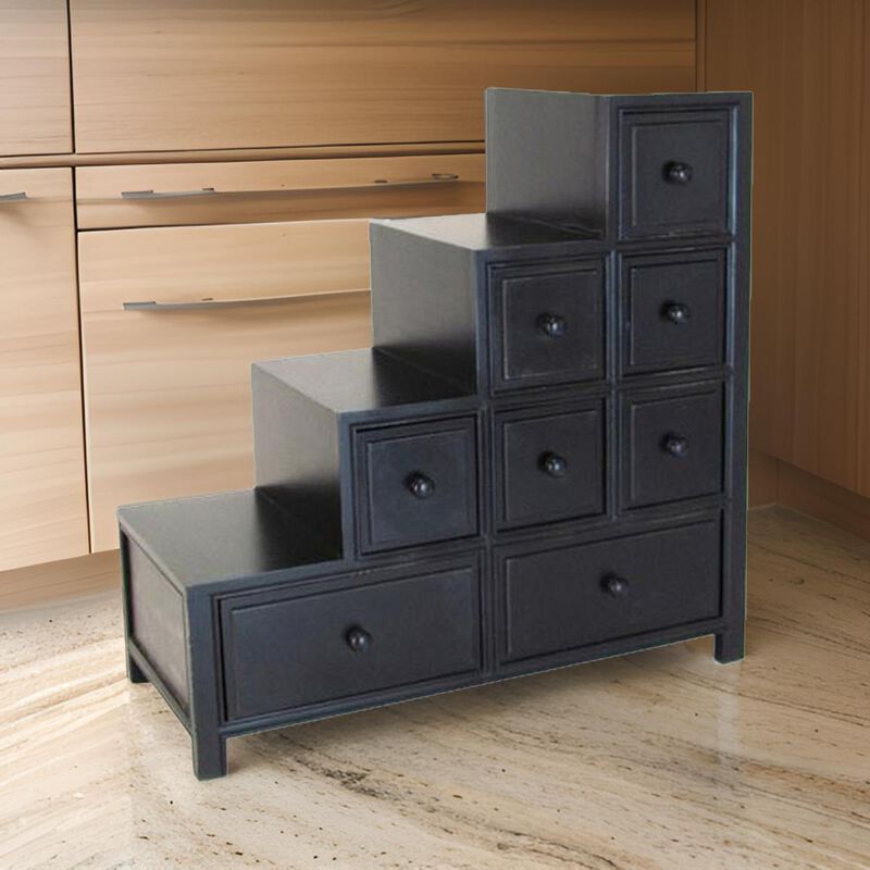 Wooden Frame Reversible Step Chest with 8 Drawers, Antique Black-Benzara