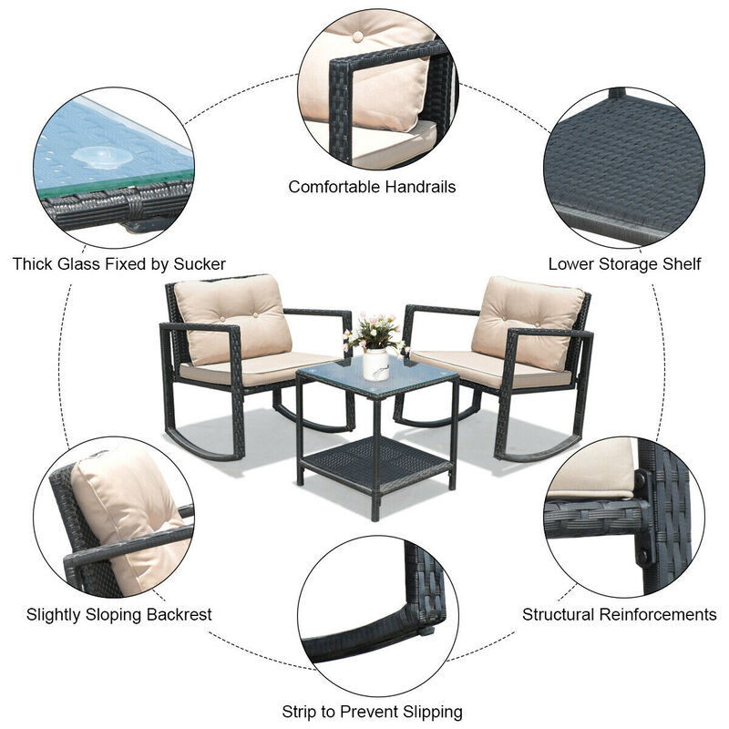 3 Pcs Wicker Rocking Bistro Set with Glass Coffee Table and Storage Shelf