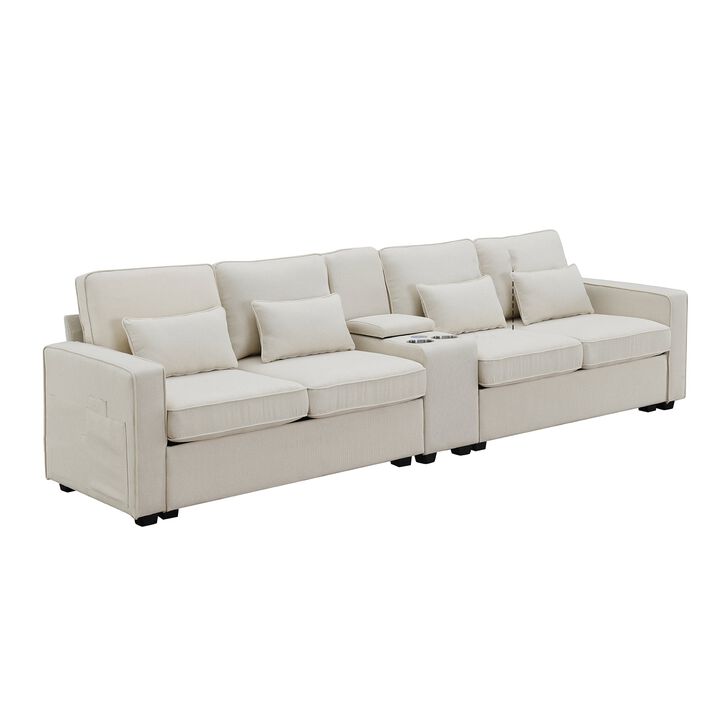 MONDAWE 4-Seat Upholstered Sofa with Console, 2 Cupholders and 2 USB Ports Wired or Wirelessly Charged, Modern Linen Fabric Couches with 4 Pillows for Living Room, Apartment MONDAWE 4-Seat Upholstered Sofa with Console, 2 Cupholders and 2 USB Ports Wired or Wirelessly Charged, Modern Linen Fabric Couches with 4 Pillows for Living Room, Apartment