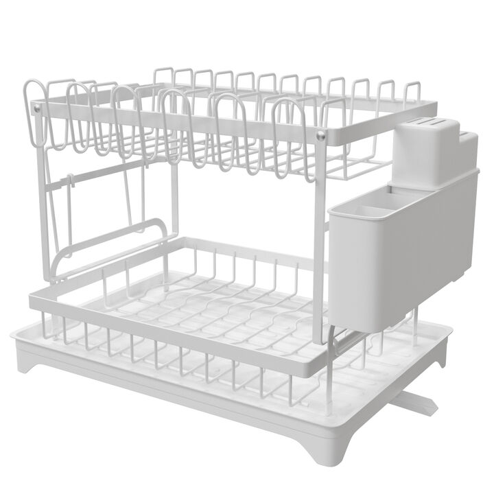 2-Tier Dish Rack Set White,Foldable Dish Drainer Metal Utensil Holder Drainage