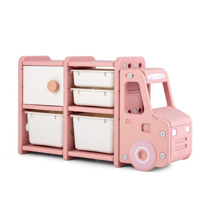 Hivvago Toddler Truck Storage Organizer with Plastic Bins-Pink