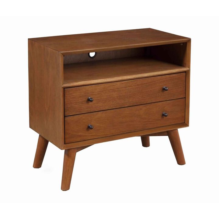 2 Drawer Wooden Nightstand with Open Compartment and Splayed Legs, Brown-Benzara
