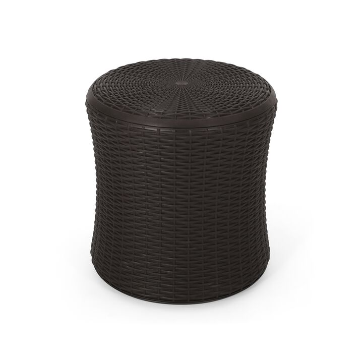 Lifo Outdoor Table, Hidden Storage, 19 Inch, Brown Woven Polypropylene - Benzara