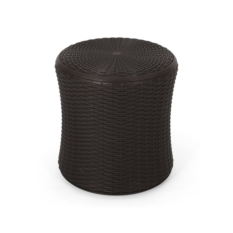 Lifo Outdoor Table, Hidden Storage, 19 Inch, Brown Woven Polypropylene - Benzara