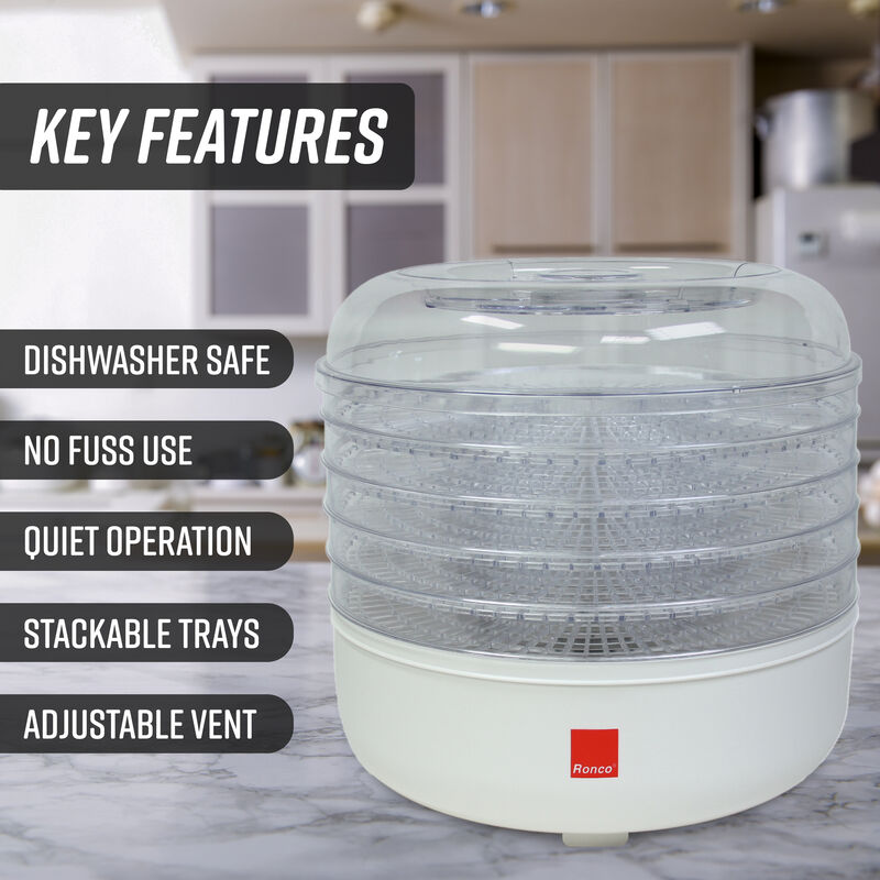 Ronco 5-Tray Dehydrator, Food Preserver, Quiet Dehydrating and Easy to Use, Dehydrate and Preserve Fruit, Vegetables, Meat, Herbs and More