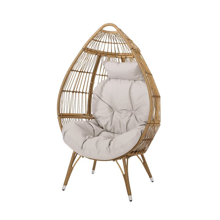 Outdoor Accent Chair, Teardrop Cocoon w Beige Pillow, Brown PE Rattan -Benzara