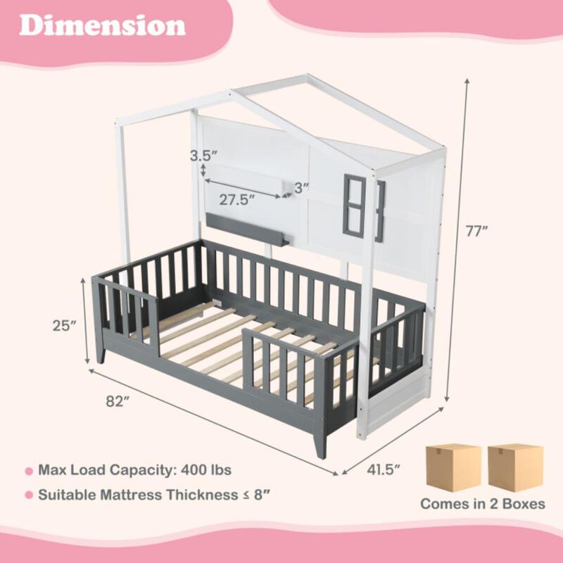 Hivvago Twin Wood House Bed Montessori Floor Bed with 2 Shelves and Guardrails