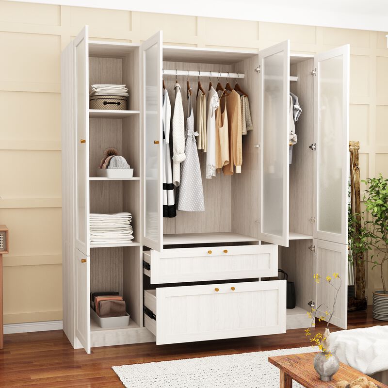 Beige Wood Grain 63 in. W Frosted Glass Doors Armoires with Hanging Rods, Drawers and Shelves 70.9 in. H x 19.7 in. D