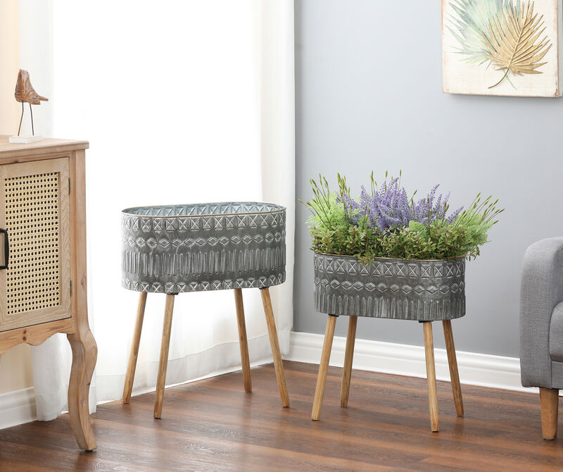 LuxenHome Set of 2 Aztec Gray Metal Cachepot Planters with Wood Legs