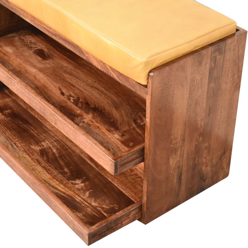 Artisan Furniture Solid Wood, Upholstered Buffalo Hide Pull out Honey Caramel Shoe Storage Bench