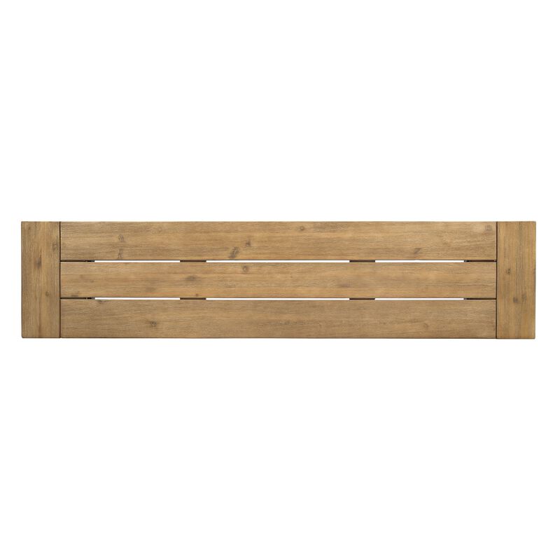 Wren Outdoor Bench with Slatted Top, 63 Inch Brown Acacia Wood, Black - Benzara