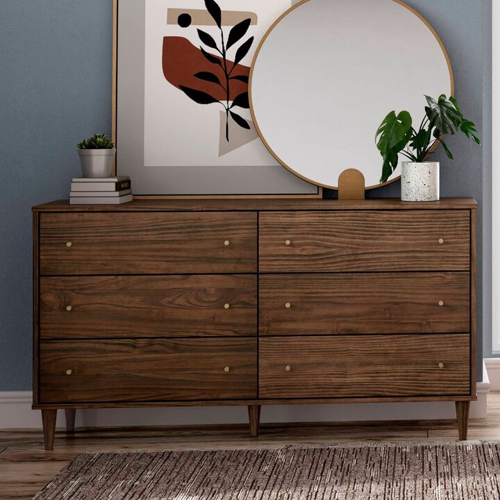 Hivvago Farmhouse Rustic Walnut Mid Century 6 Drawer Dresser