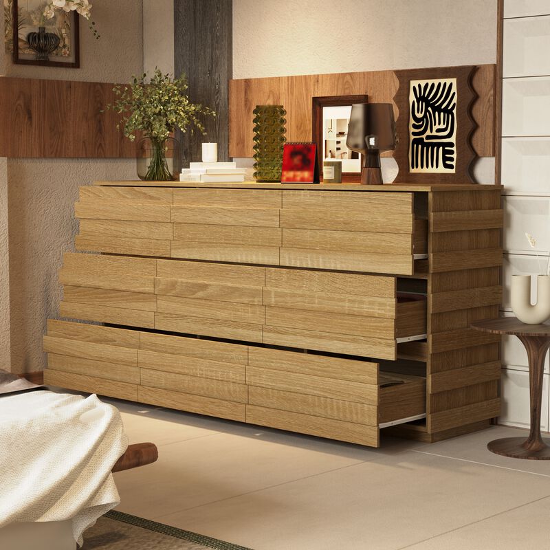 FUFU&GAGA Modern Walnut Wood Grain 9-Drawer Storage Cabinet (63" W x 15.7" D x 31.5" H), Walnut