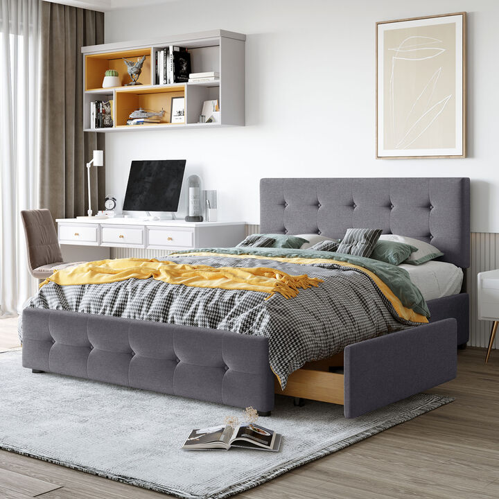 Streamdale Linen Platform Bed with Headboard & 4 Drawers