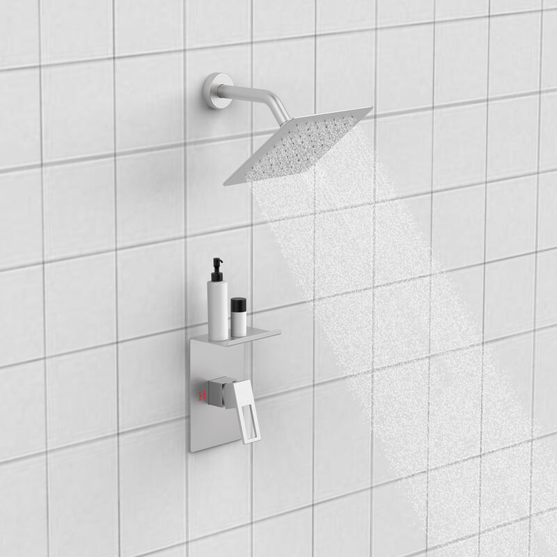Bathroom Shower System with 8-Inch Rain Shower Head, Storage Shelf & Single Spray Shower Faucet