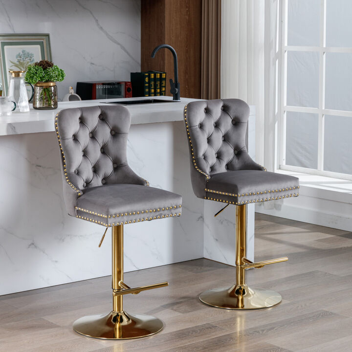 Gray Velvet Swivel Bar Stools, Set of 2