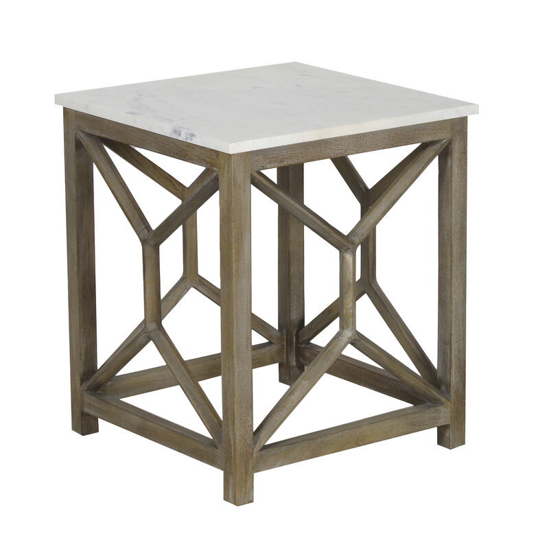 Agas Side End Table, 22 Inch Square White Genuine Marble Top, Sandblasted Washed Ash Gray Mango Wood Geometric Frame