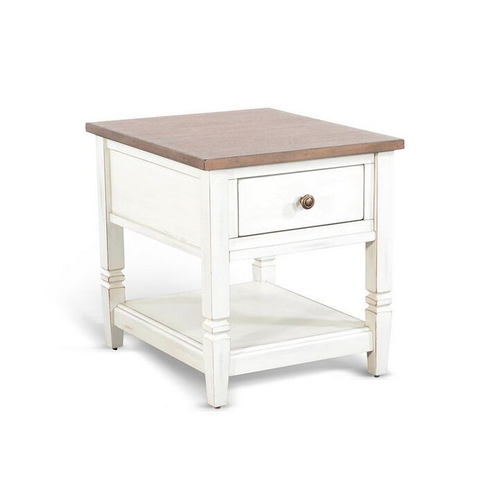 Dean Side End Table w Shelf, Drawer, 26 Inch Rectangular Brown, White - Benzara