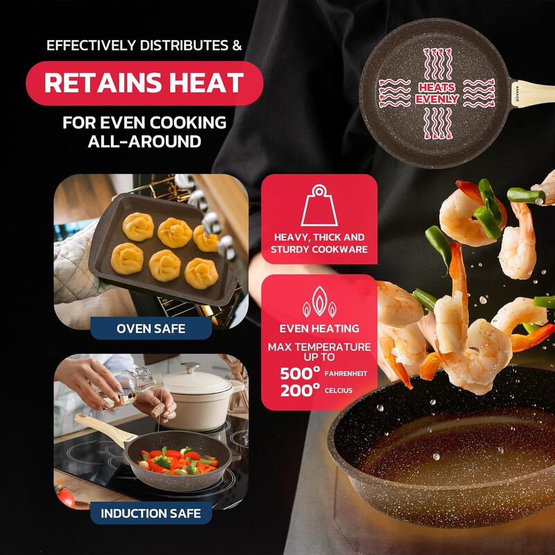 Kitchen Cookware Set - Nonstick Granite Coating, Pots and Pans with Handle Grips and Tempered Glass Lids, PFOA, PFOS, PTFE Free, Ceramic Max Temperature (Up To 500° F), Set of 20