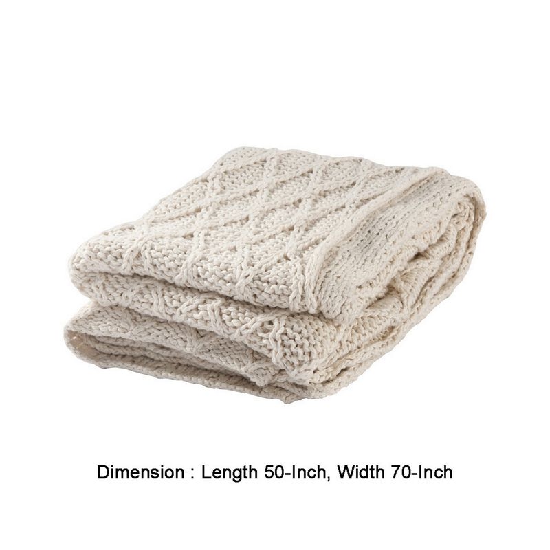 Lyla 50 Inch Cotton Throw Blanket, Hand Knitted Diamond Pattern, White-Benzara