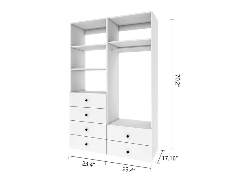 Clothes Organizer with Closet Shelves Wall Mounted, Wardrobe Closet Organizer System, Closet System with 6 Drawers, Wooden Walk in Closet Organizers and Storage,White
