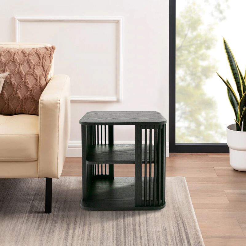 19 Inch Side End Table, 3 Shelves, Modern Vertical Slats, Black Ash Wood - Benzara