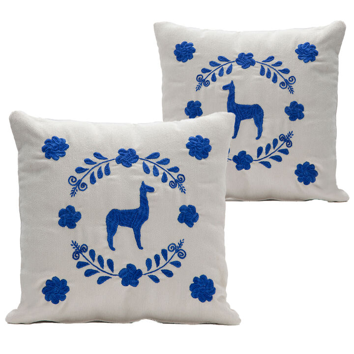 LLAMA Hand Embroidered Decorative Pillows in Ivory Upholstery by ANDEAN, Set of 2, In Stock