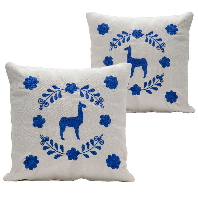 LLAMA Hand Embroidered Decorative Pillows in Ivory Upholstery by ANDEAN, Set of 2, In Stock