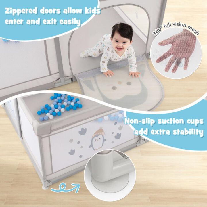 Hivvago Large Baby Playpen with Pull Rings Ocean Balls and Cute Pattern-Penguin