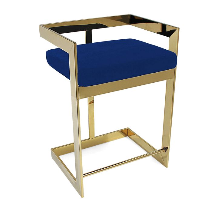 Dok 26 Inch Counter Height Stool, Blue, Cantilever, Gold Stainless Steel - Benzara