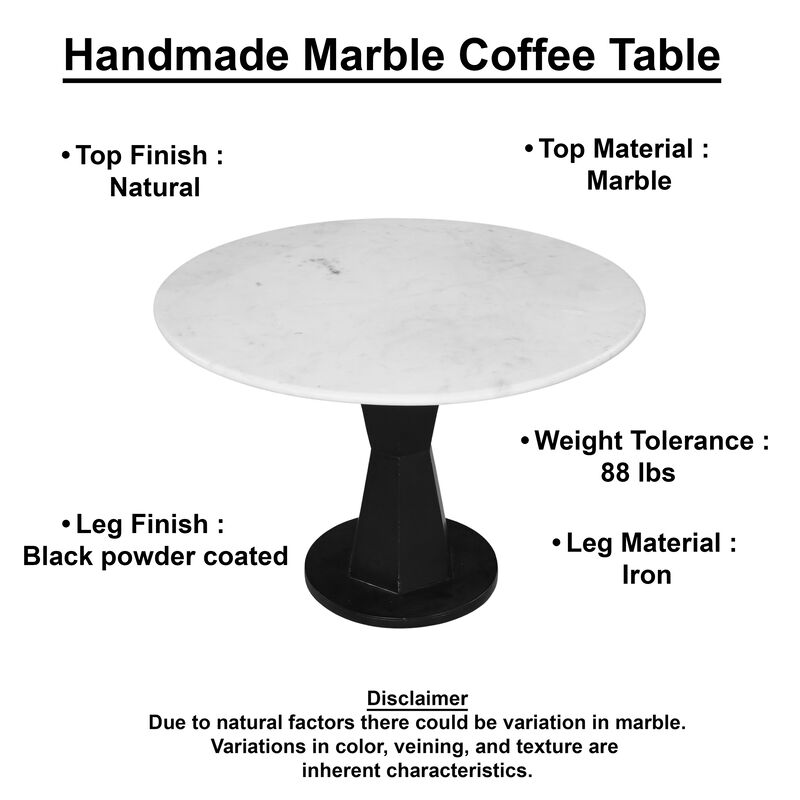 Riko Coffee Table, 27 Inch Round White Marble Top, Modern Black Iron Hourglass Pedestal Base