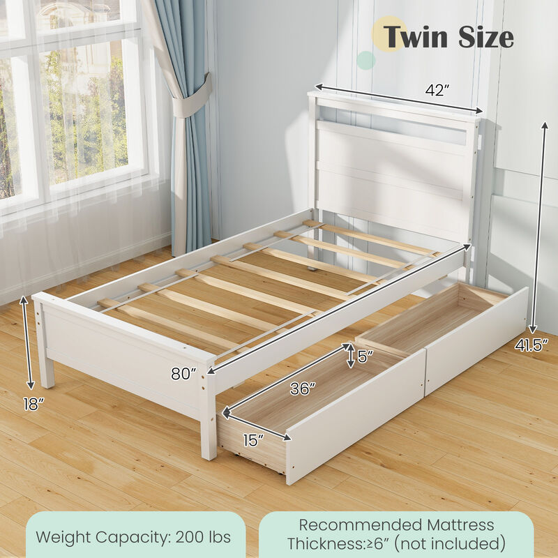 Twin Size Wooden Bed Frame with 2 Drawers for Teens and Adults