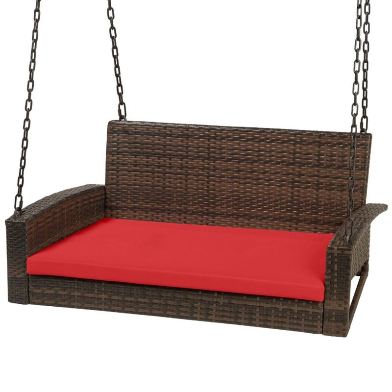 Hivvago Brown Wicker Hanging Patio Porch Swing Bench w/ Mounting Chains and Red Seat Cushion