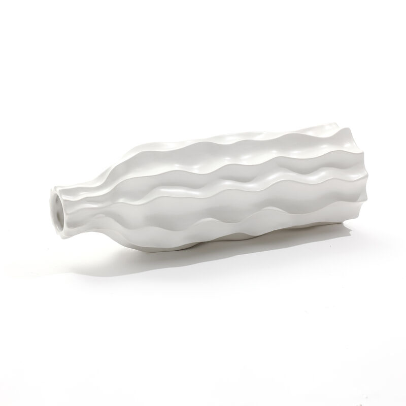 LuxenHome White Waves Ceramic 15.75-Inch Tall Round Vase