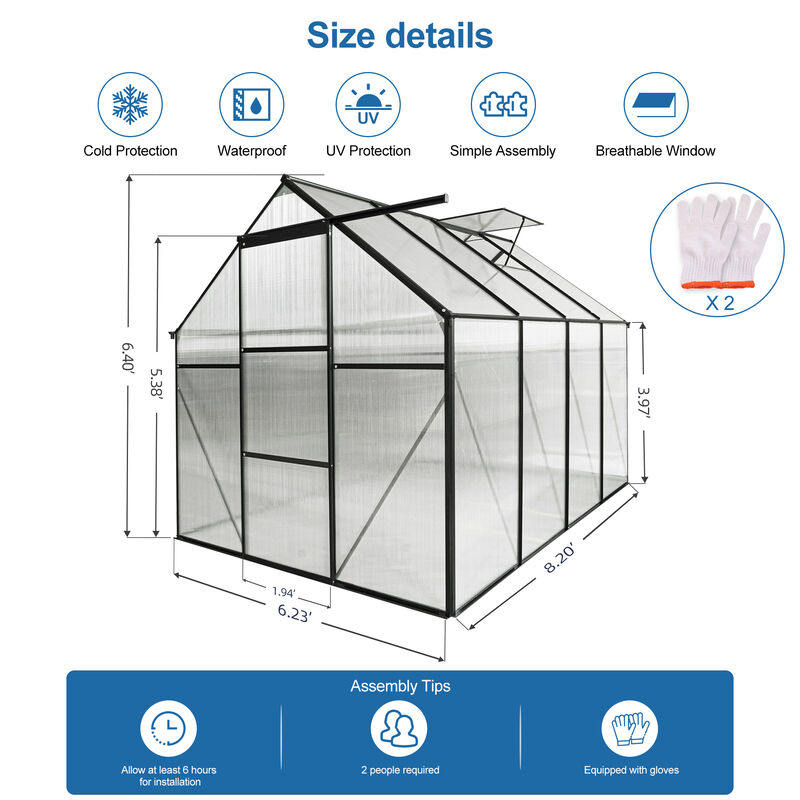 Streamdale Durable 6x8 FT Polycarbonate Greenhouse with Raised Base