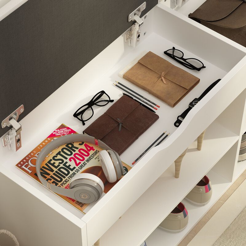 21.2 in. H x 47.2 in. W, White Wooden Shoe Storage Cabinet with Seating Cushion Open Shelf and Hiden Place (for 8 Pairs)